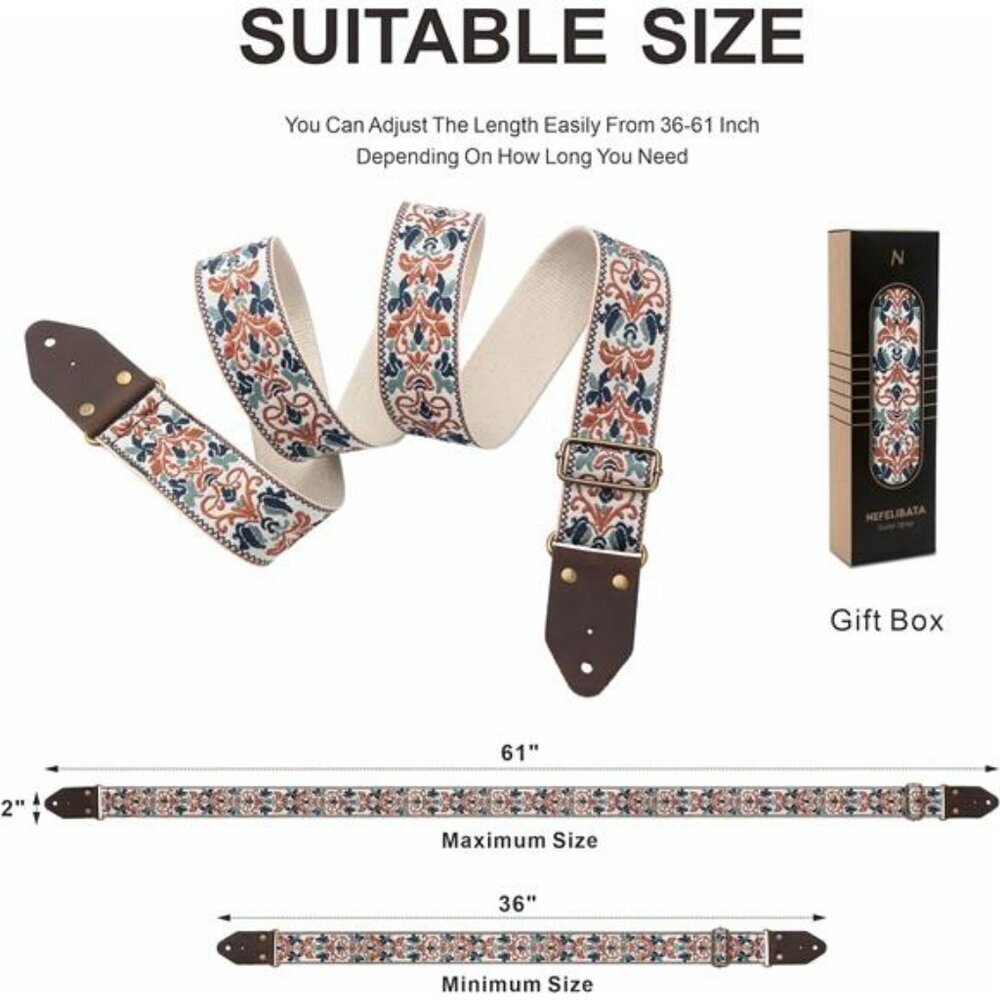 Jacquard embroidery guitar strap with leather ends adjustable for acoustic elect - Picture 6 of 7